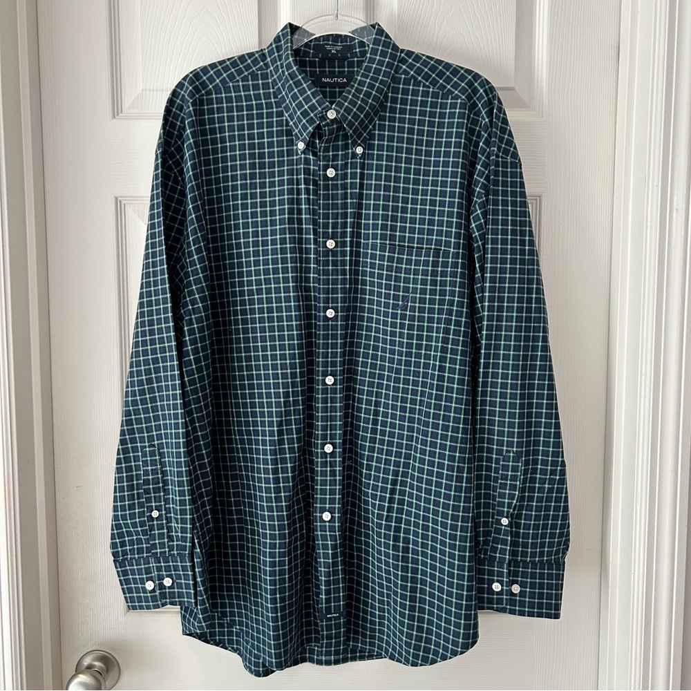 Nautica Dark Green Plaid Button Down Long Sleeve Cotton Shirt